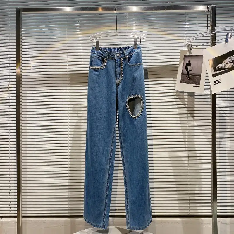 

Fashion Hollowed out Heart Shape Rhinestone Jeans Female 2021 Summer New Solid Color Elastic Waist Denim Trousers for Ladies