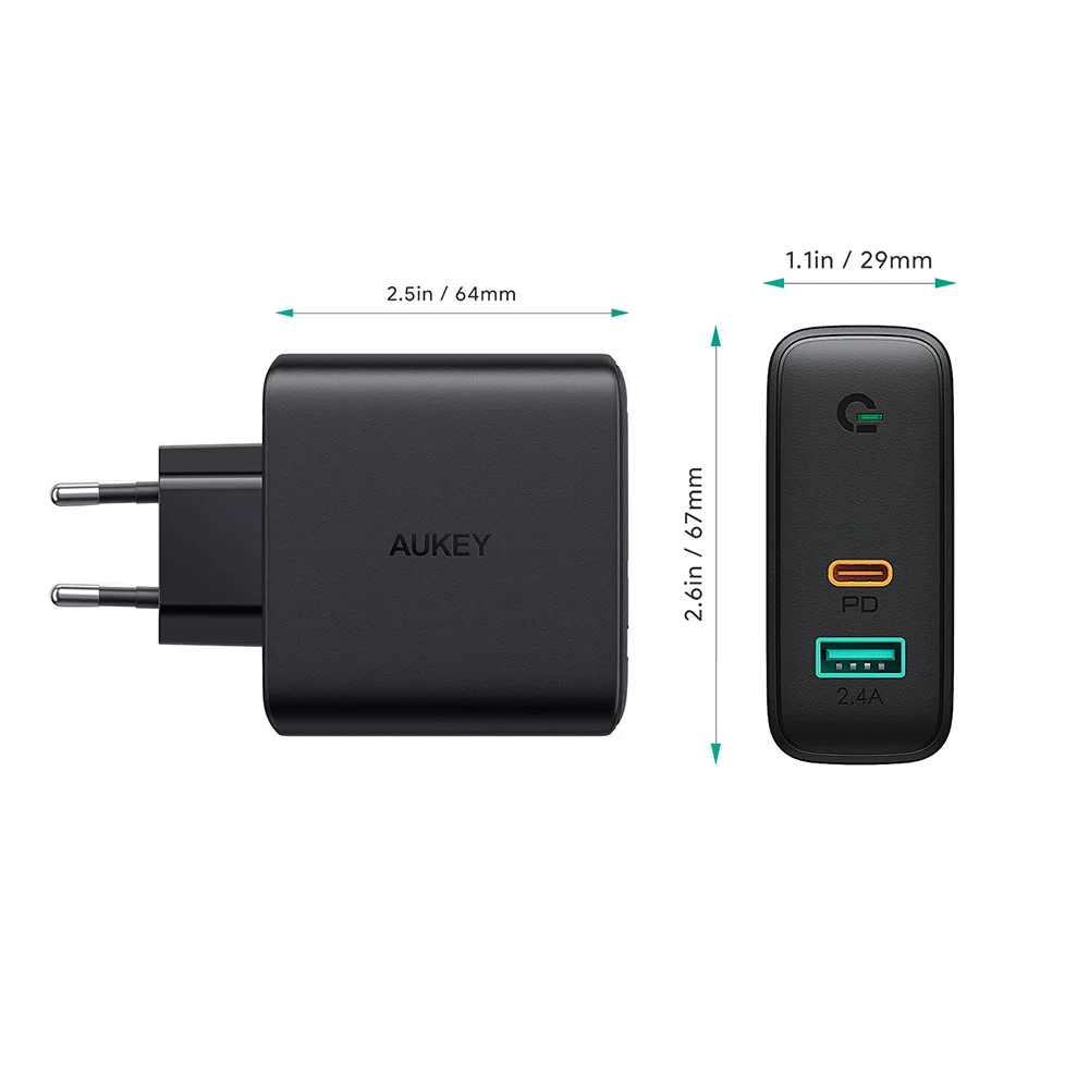 AUKEY PA-D3 Быстрая зарядка 60 Вт USB-C PD быстрая настенная с европейской вилкой зарядная