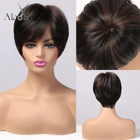 alan eaton black brown synthetic wigs with highlights short straight wigs for women natural hair heat resistant wigs with bangs