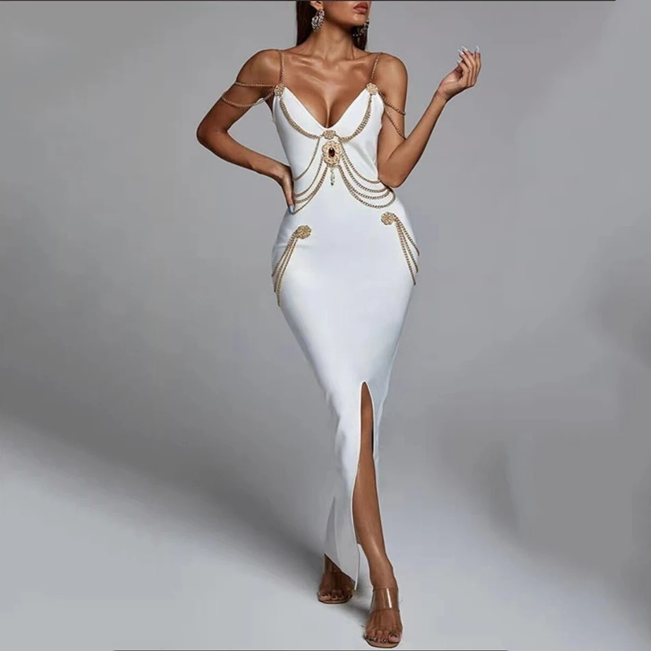 High Quality New Black White Chain Spaghetti Strap V-Neck Split Bandage Dress Bodycon Celebrity Club Party Long Dress Vestidos