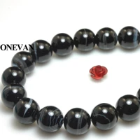 onevan natural a stripe black agate beads smooth round stone 10mm bracelet necklace jewelry making diy accessories gift design