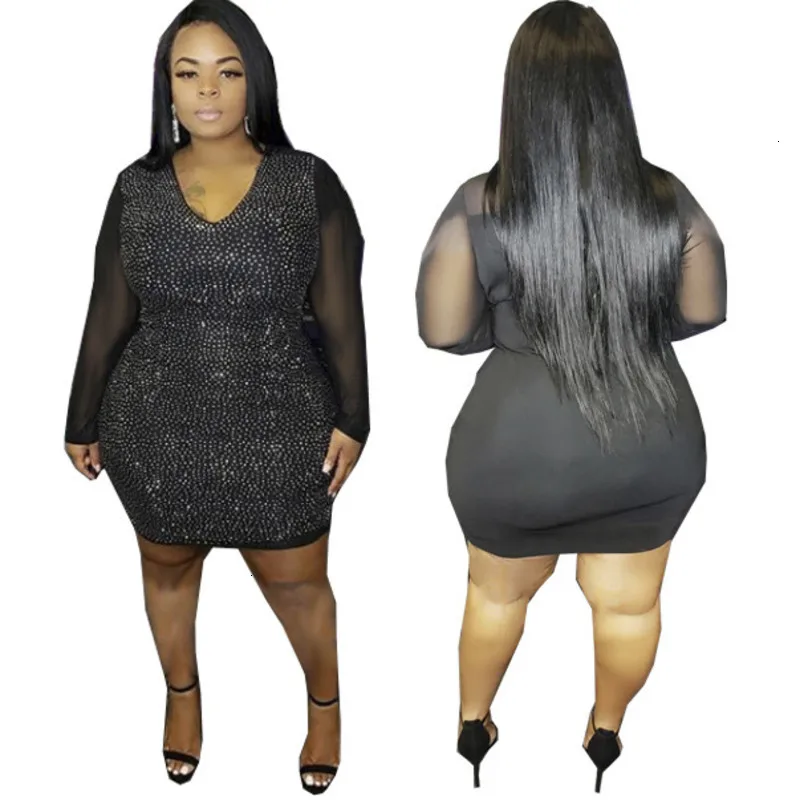 Летние сексуальные Клубные женские платья, OL Lady black, плюс размер, 4XL, 5XL, облегающее платье с блестками, женское Сетчатое Прозрачное платье с длинным рукавом, Vestido