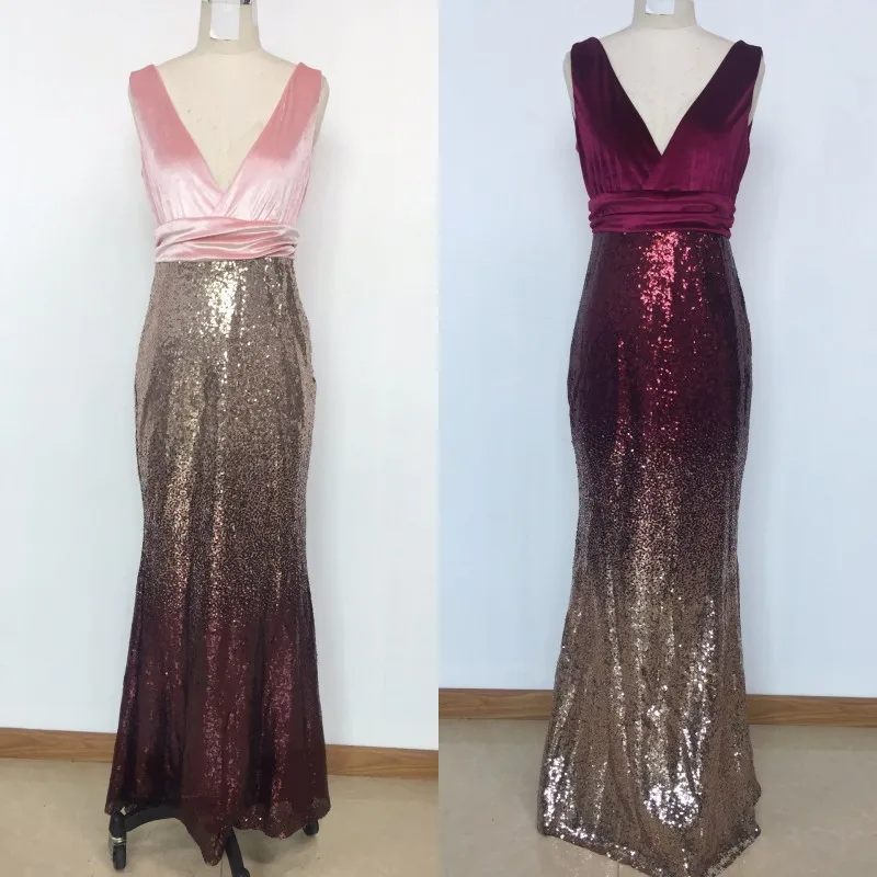 

Burgundy Evening Dresses Sequins Sexy V Neck Backless Mermaid Prom Party Gowns Floor Length Pink Woman Formal Wear
