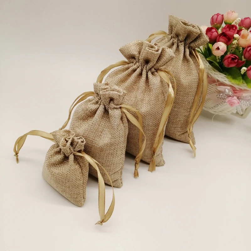

5-20pcs Sack Jute Gift Bag Silk Ribbon Drawstring Jute Bag Jute Webbing Handle for Bags Gift Packaging Bags Storage Travel Pouch