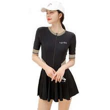 Bañador de estilo coreano para mujer, conjunto de una pieza con cuello redondo, falda de cintura con correa, traje de baño, Monokini para playa (1)