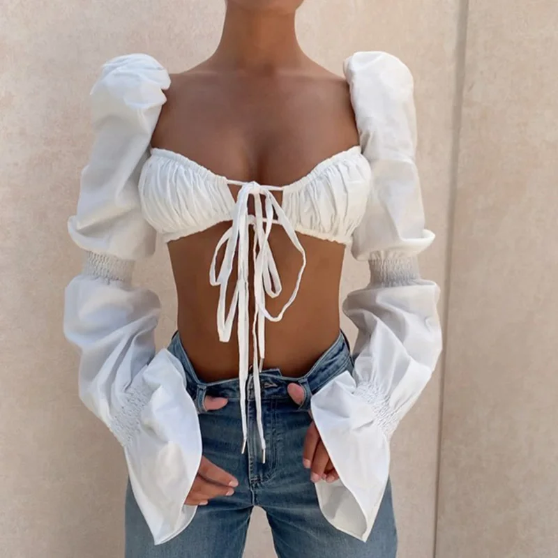 

Women White Flare Sleeve Top Shirts Autumn Sexy Backless Crop T Shirt Tops Bandage Solid Fashion