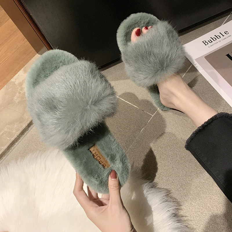 Hot Sale Women Slippers Fashion Fluffy Faux Fur Plush Slippers Women Spring Autumn Slides Flip Flops Flat Shoes 35-40 g754