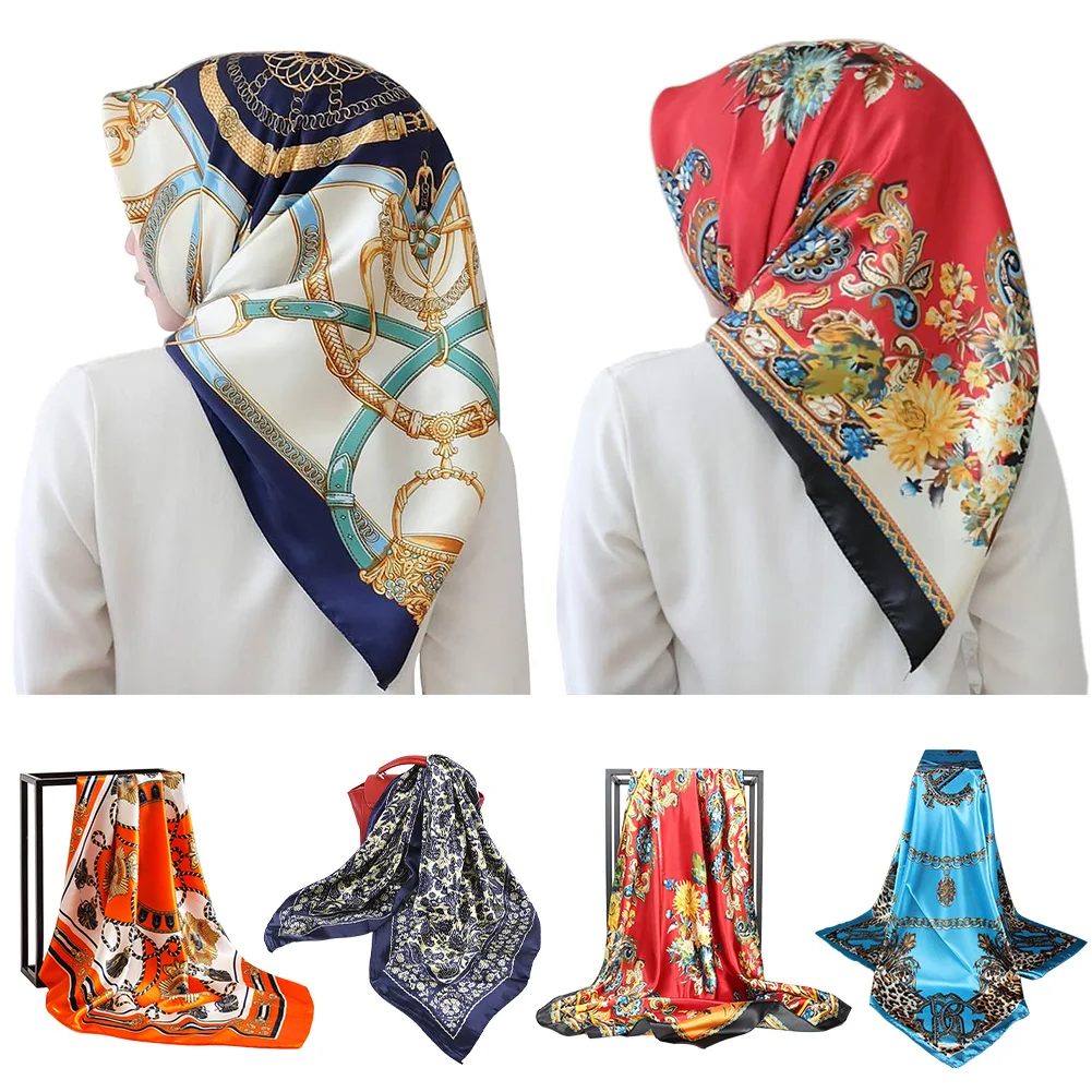 

90x90cm Gift Female Soft Printed Women Satin Shawl Head Scarves Square Elegant Imitated Silk Kerchief Travel Indoor Outdoor Neck