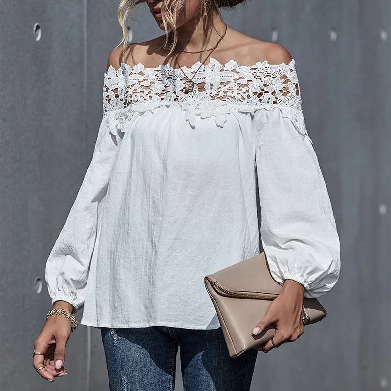Осенняя кружевная Лоскутная Женская блузка с вырезом лодочкой сексуальная