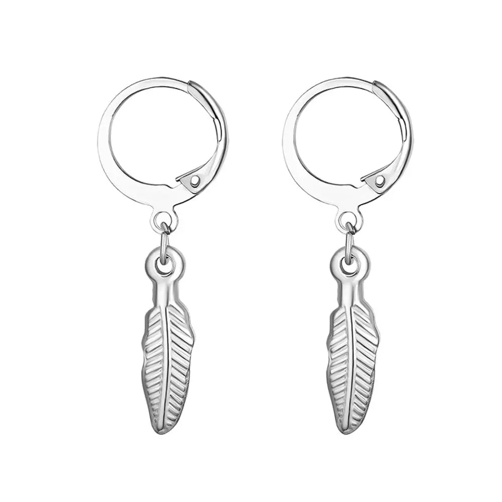 

Boniskiss 2020 Vintage Feather Leaf Men's Women's Stainless Steel Huggie Hinged Earrings with Dangling Gold Silver Color