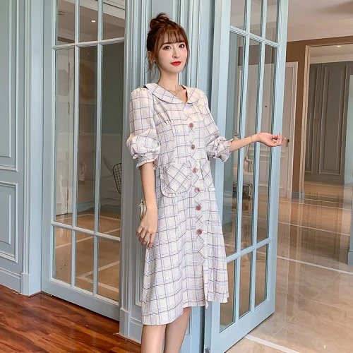 Художественное винтажное платье в клетку стиле ретро с воротником Питер Пэн для