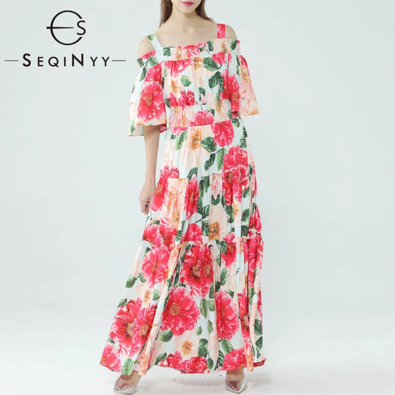 

Женское длинное платье с оборками SEQINYY, элегантное модельное платье-трапеция с цветочным принтом красного цвета, весна-лето