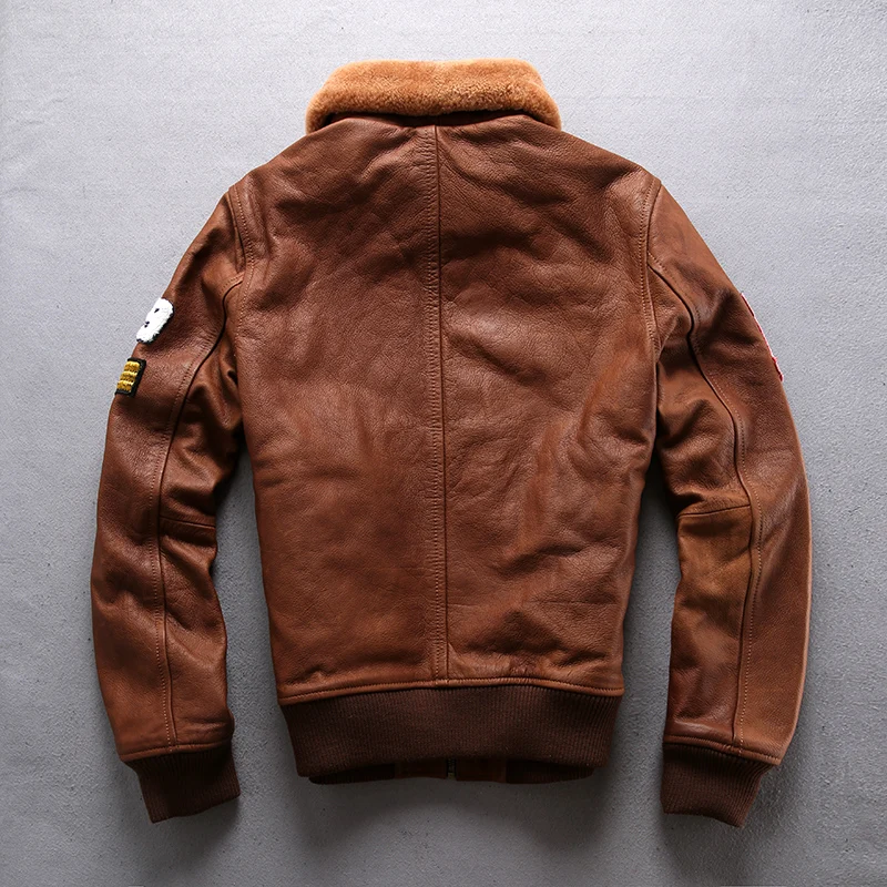 

Air Force Flight Suit Genuine Leather Jacket,Man Wool Pilot Real Leather Jacket Vintage Brown Thick Cow Skin