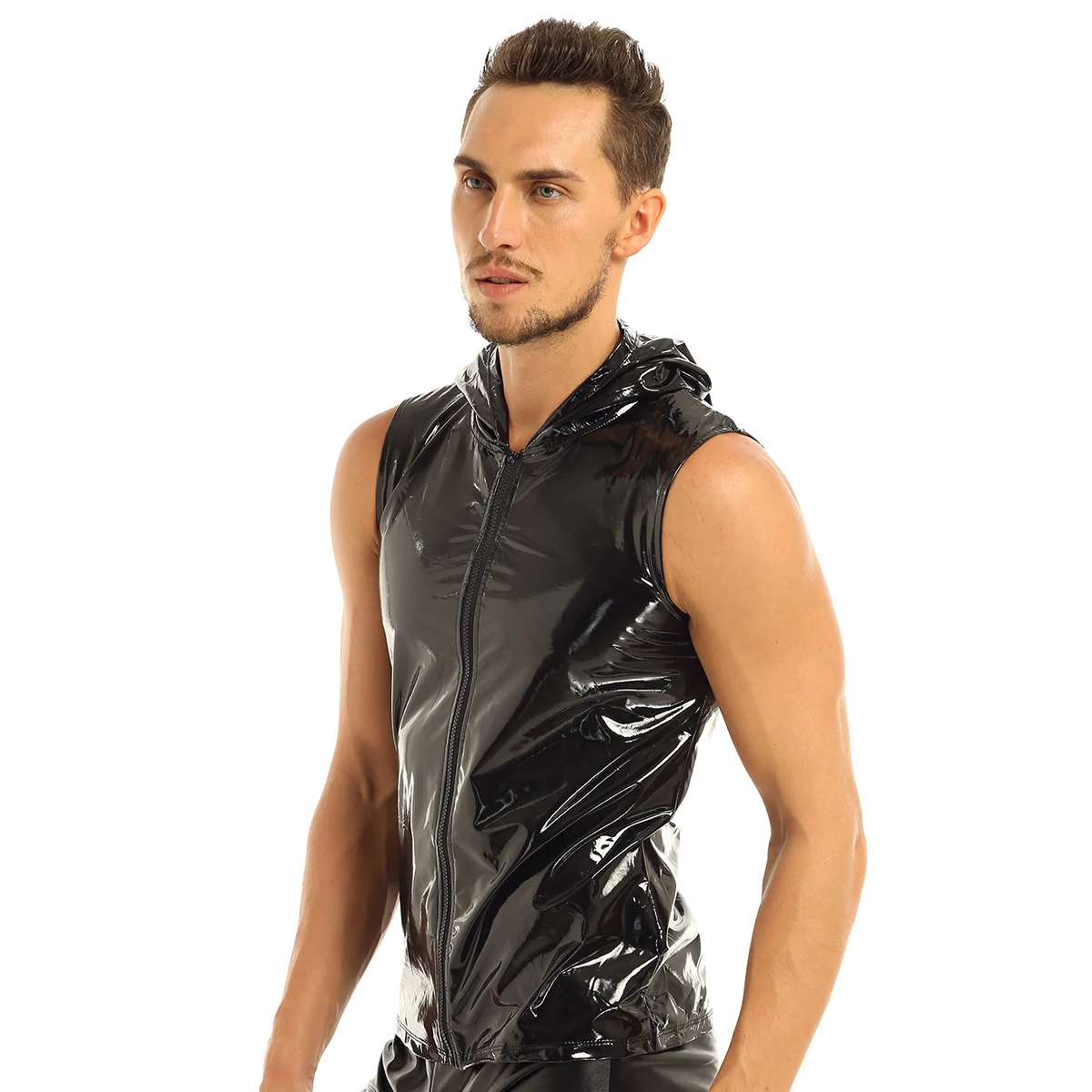 Black Mens T-Shirt Wet Look Patent Leather Nightclub Streetwear Sleeveless Hoodie Clubwear Hip Hop with Zipper Closure | Мужская одежда