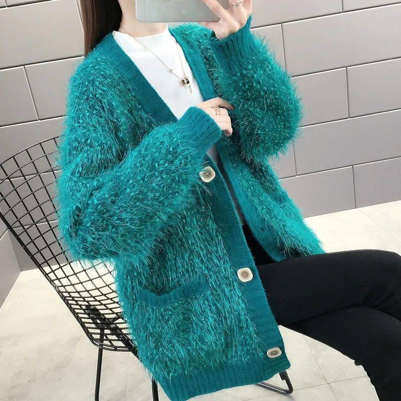 

2020 Autumn Winter Women Sweater Cardigans Fashion Bright Wire Knitting Tops Thicked Warm Single Breasted Cardigans Jacket Y479
