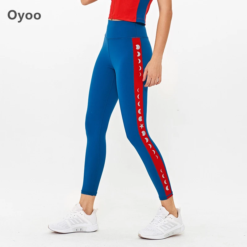 

Oyoo Moon Print Contrast Color Sport Leggings High Waists Compression Yoga Pants Women Nylon Workout Leggings Running Tights
