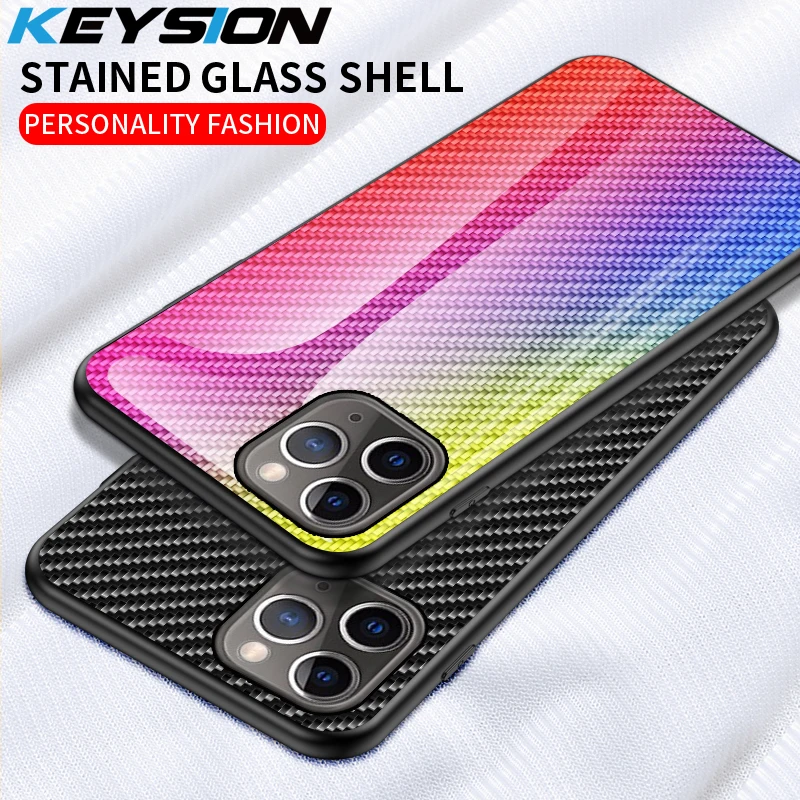 KEYSION Gradient Tempered Glass Case for iPhone 11 Pro Max Carbon fiber Shockproof Back Phone Cover |