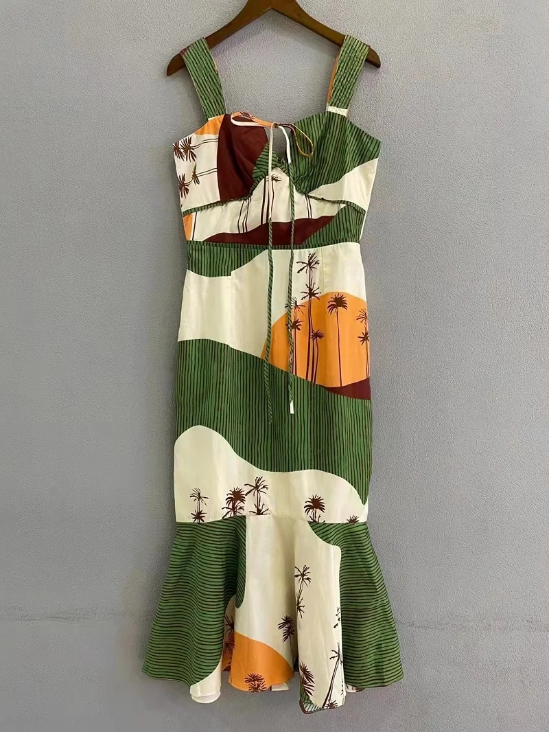 

100%Cotton Dress 2022 Spring Summer Fashion Style Women Spaghetti Strap Tropical Prints Midi Party Sexy Mermaid Dress Orange