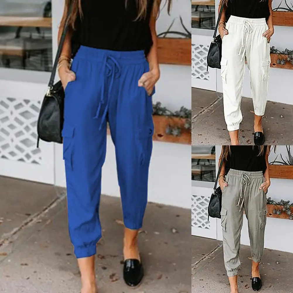 

Fashion Elastic Waist Solid Color Women Trousers Thin Multi-pockets Ankle Banded Drawstring Long Pants Ladies Clothing Wide Leg