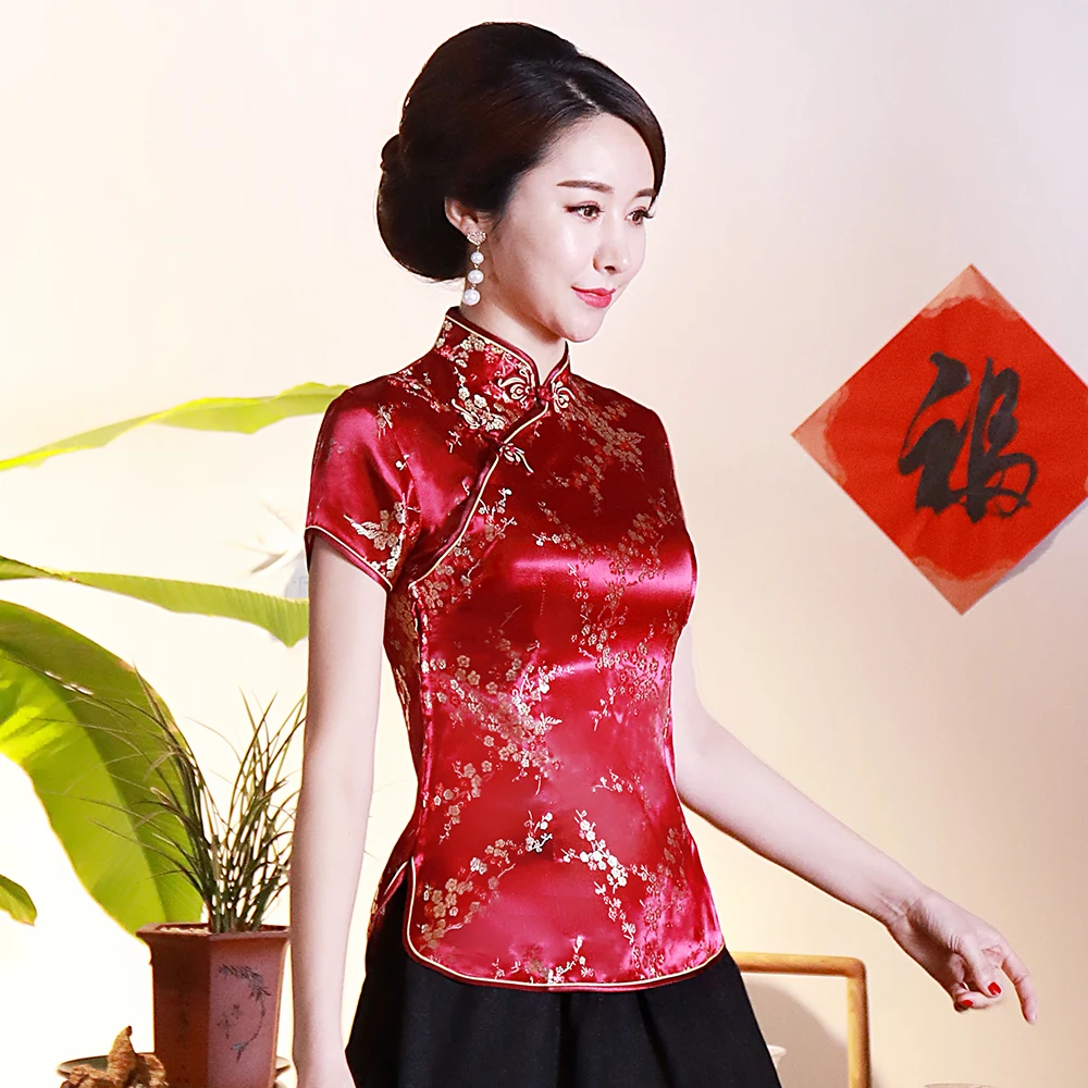 Рубашка Женская атласная с коротким рукавом черный топ в китайском стиле на