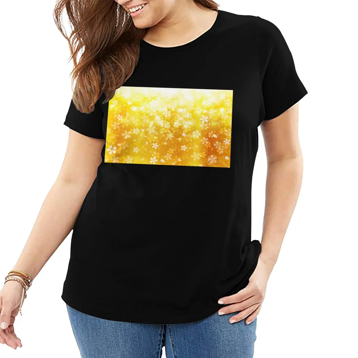 Женская футболка большого размера с золотистым цветком вишни женская короткая