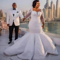 south african long sleeve mermaid wedding dresses lace appliques plus size sheer neck bridal gowns see through back long