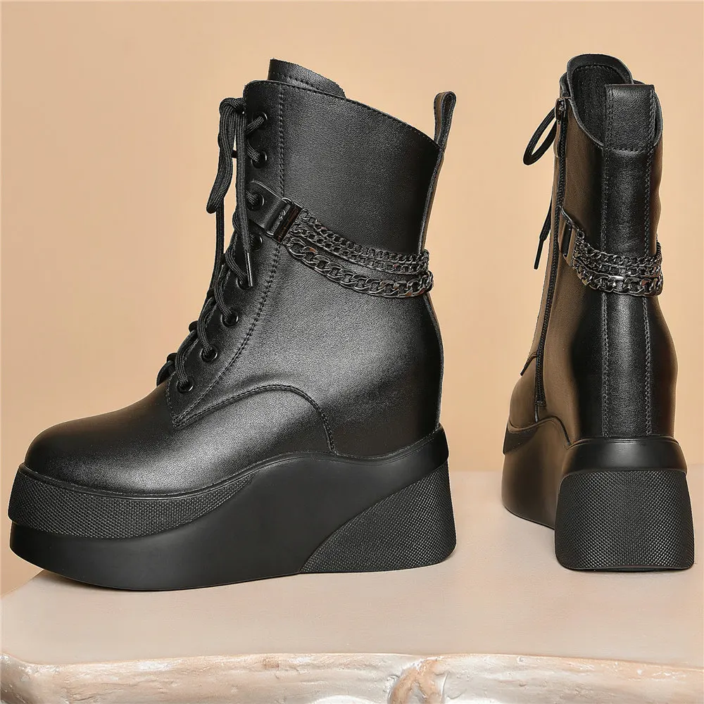 Fashion Sneakers Women Lace Up Genuine Leather High Heel Motorcycle Boots Female Winter Chunky Platform Pumps Shoes Casual Shoes