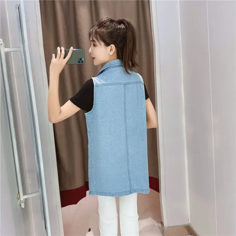 

2021 New Fashion Sleeveless Long Jackets Women All-match lapel Vintage Denim Jacket Spring Summer Korean Women Clothing Oversize