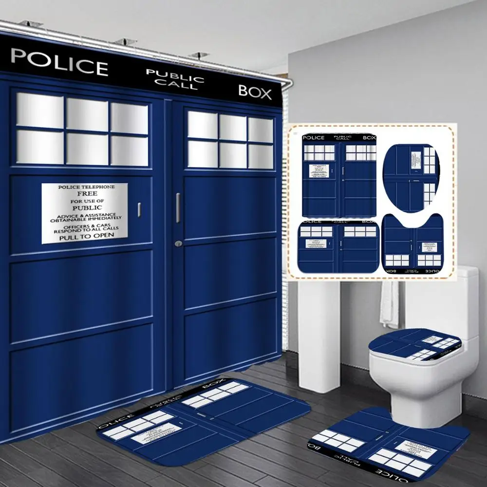 Занавеска для душа занавеска ванной комнаты s-Police кнопка вызова синяя дверь белые