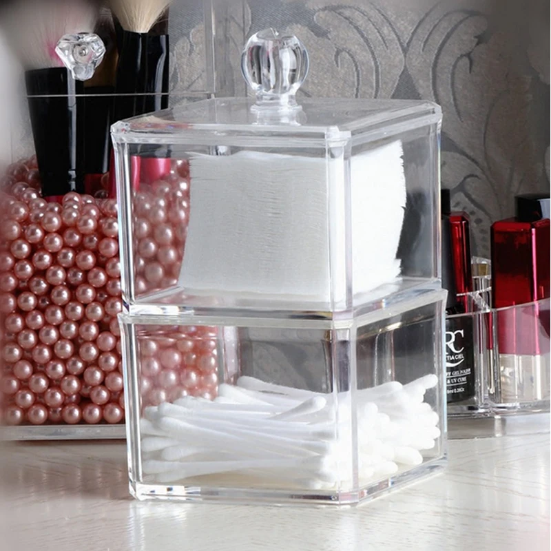 

Two-layer Acrylic Portable Round Container Storage Box Case Makeup Organizer Cotton & Pad Box Cosmetics Swab Q-tip Holder