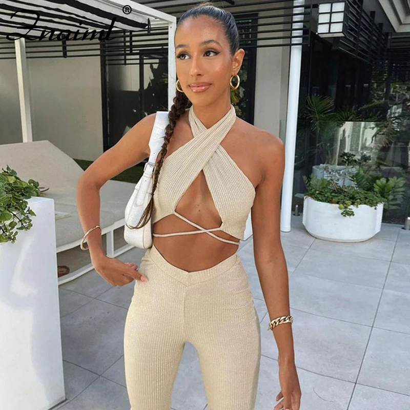 

Znaiml Women Two Piees Set Solid Knitting Slim Sexy Sleeveless Criss-Cross Tank Top And High Waist Trousers Outfit Streetwear