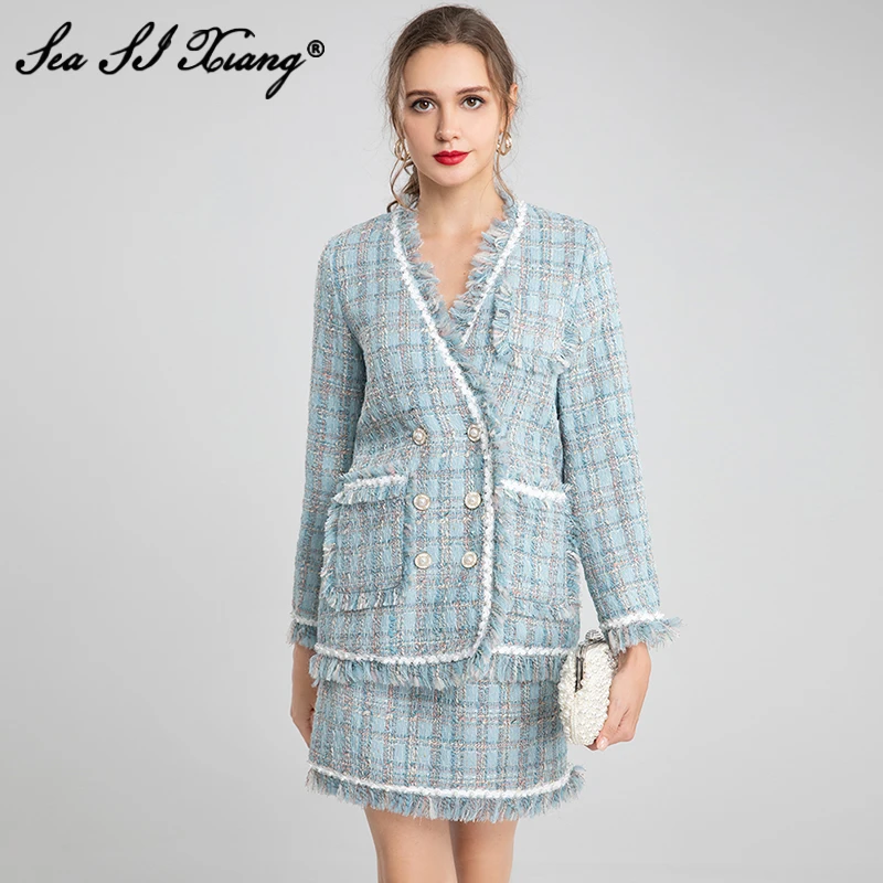 

Seasixiang Fashion Designer Autumn Plaid Tweed Suit Women V-Neck Beading Double Breasted Long Coat + Tassel Skirt Two-Piece Set