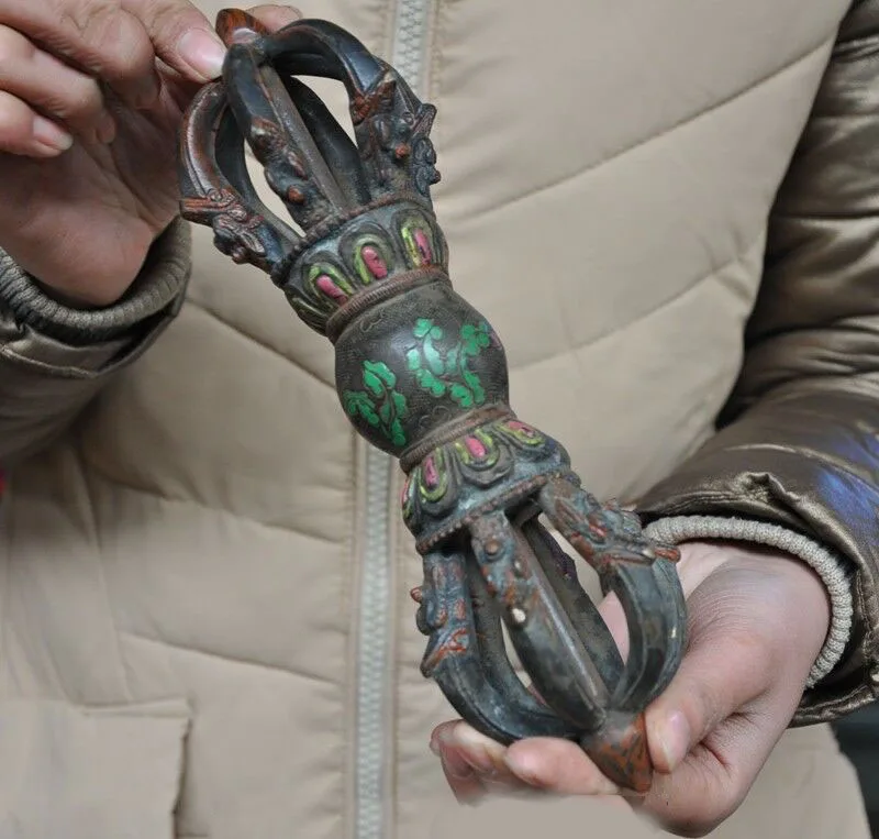 

wedding decoration 10"Old Tibetan Buddhism Bronze Painted Dorje Vajra Phurpa Exorcism FaQi