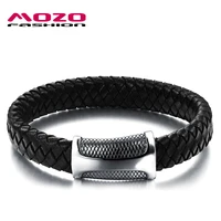 fashion brand jewelry men black leather rope bracelets punk style simple male stainless steel magnet buckle bangle ps2106