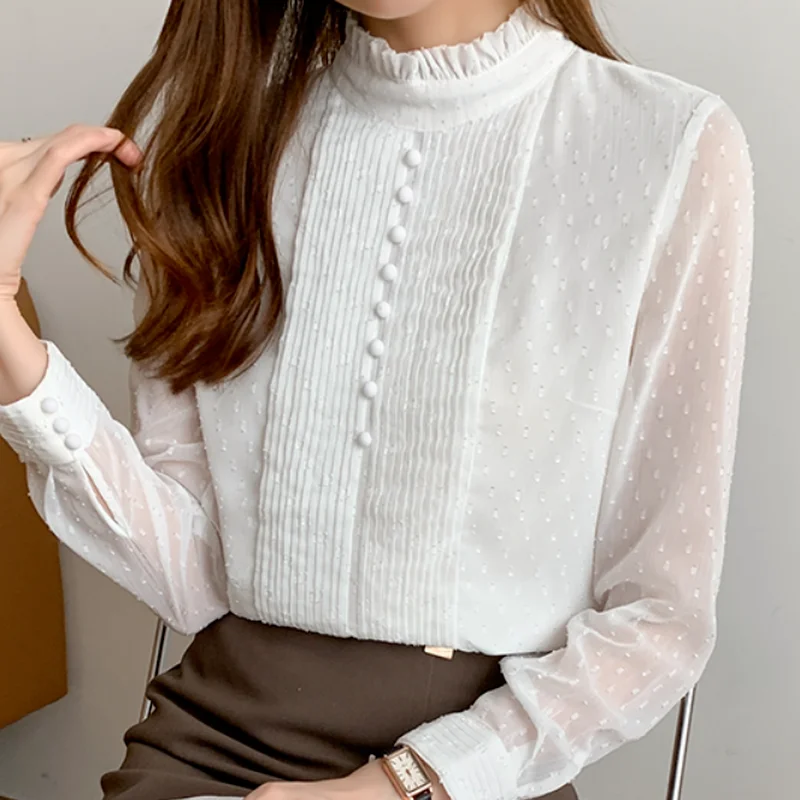 

White Blouse Women's Ruffles Top Solid 2021 Autumn New Arrival Long Sleeve Lace Shirt Women Chic Office Lady Tops Blusas 16776