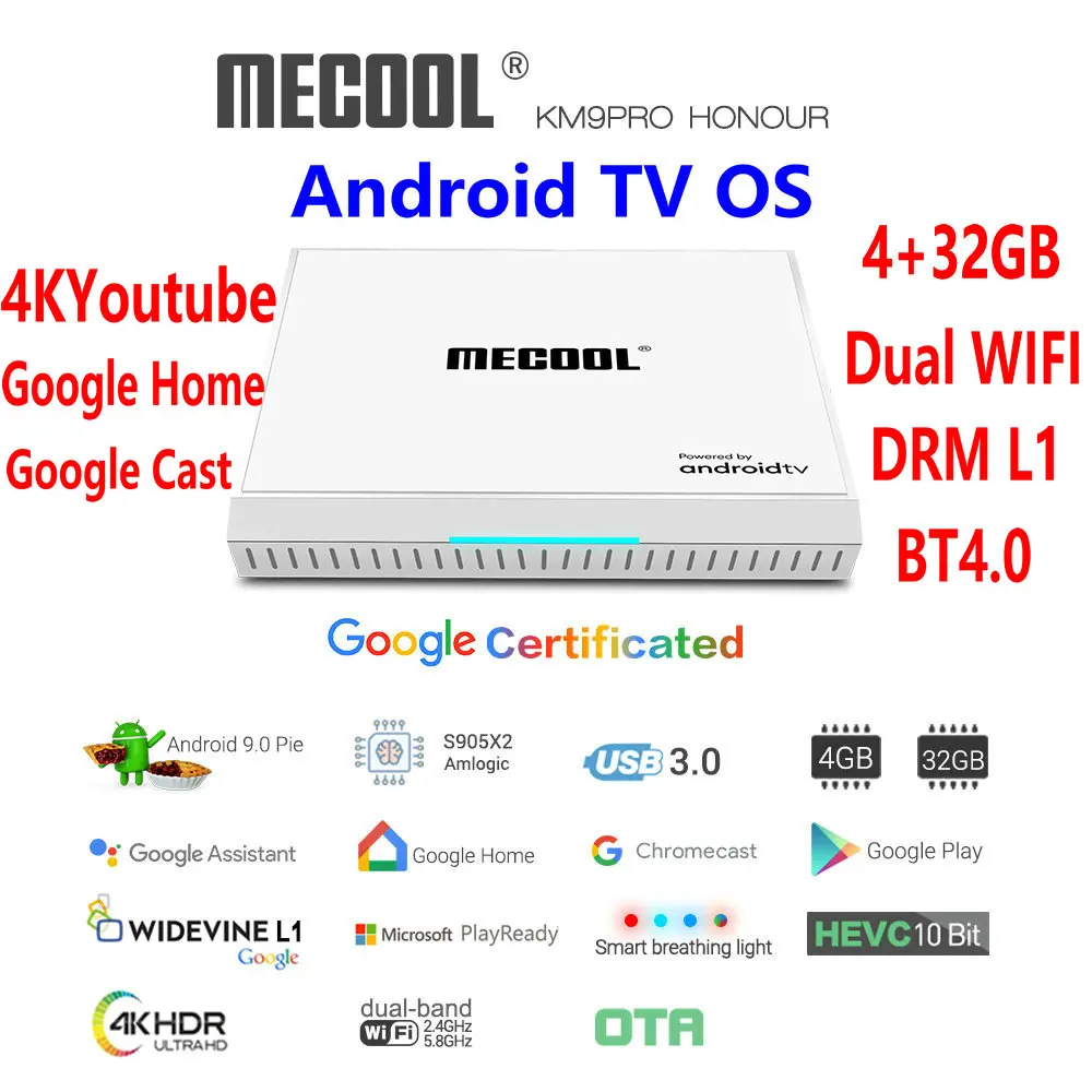 Белая ТВ приставка MECOOL сертификат Google Поддержка Android TV OS Amlogic S905X2 4 Гб 32 ГБ 4K