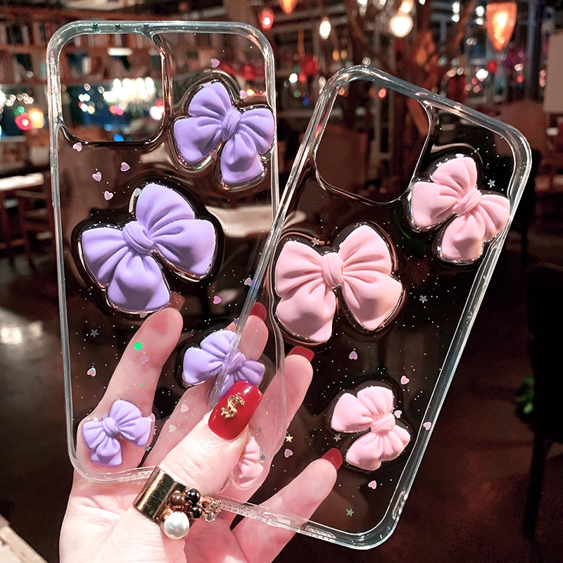 

Luxury Cute Cartoon Pink Glitter Bow Silicone Phone COVER For iPhone 12 11 Pro Max XR 6s 7 8 Plus XS MAX X Purple Soft Back CASE