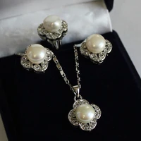 free shipping set 18kgp black white shell pearl pendant necklace earring ring a673