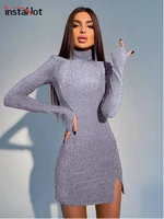 instahot bling women knit mini dress long sleeve turtleneck autumn bodycon sexy casual party evening club female dress 2021 new