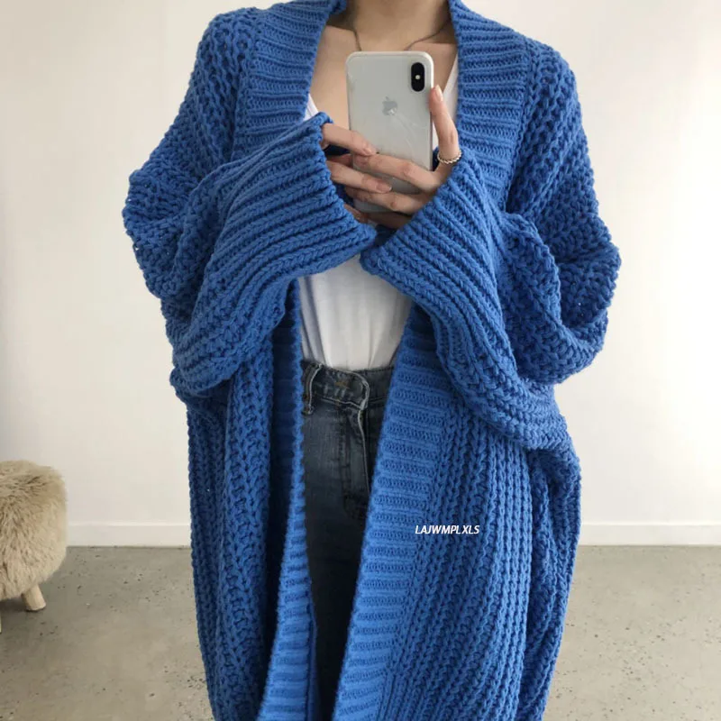 

2021 Autumn Winter Elegant Women Sweaters Cardigan Solid Color Knitting V Neck Thick Split Oversize Loose Irregular Outerwear
