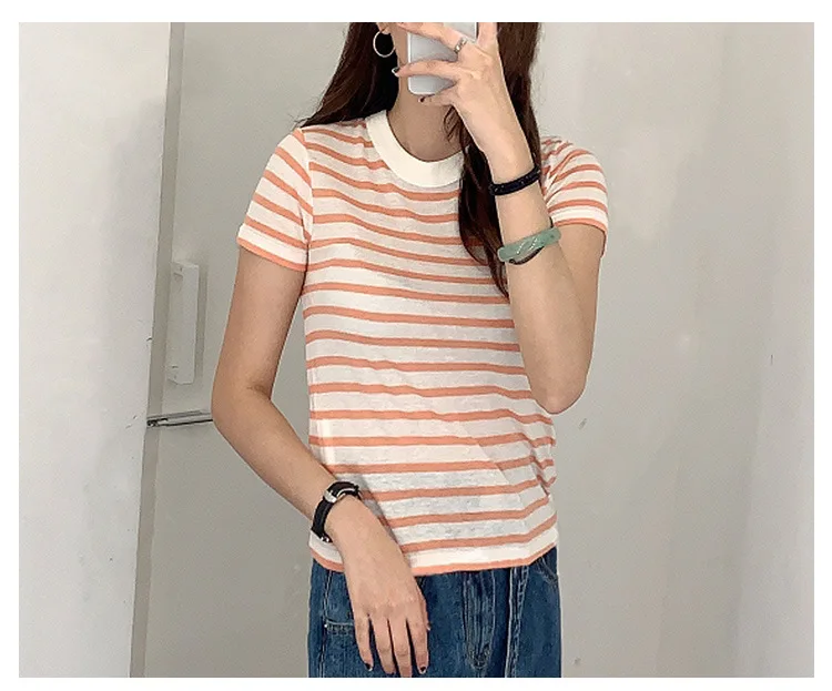 

High Quality Spring and summer new striped cotton knit sweater all-match slim top T-shirt female trend