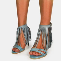 ribetrini large size 33 50 female open toe solid buckle high heels party shoes sexy fringe summer women sandals clubwear sandals
