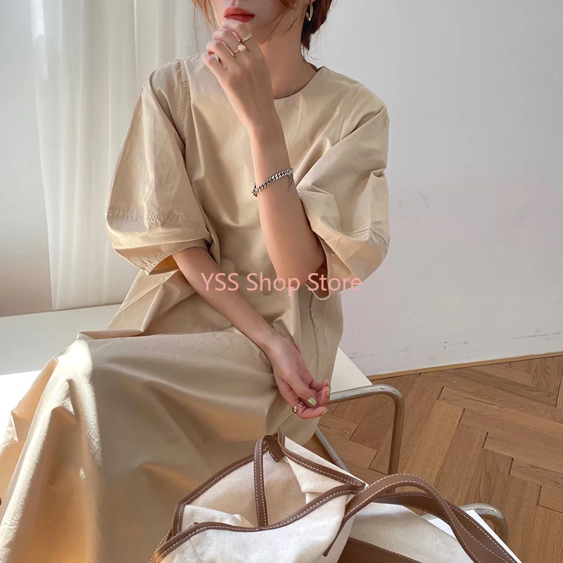 

Korean Chic Dress Women French Lazy Style Round Neck Dresses Bubble Sleeve Loose Knee Long Short Sleeve Party Dress