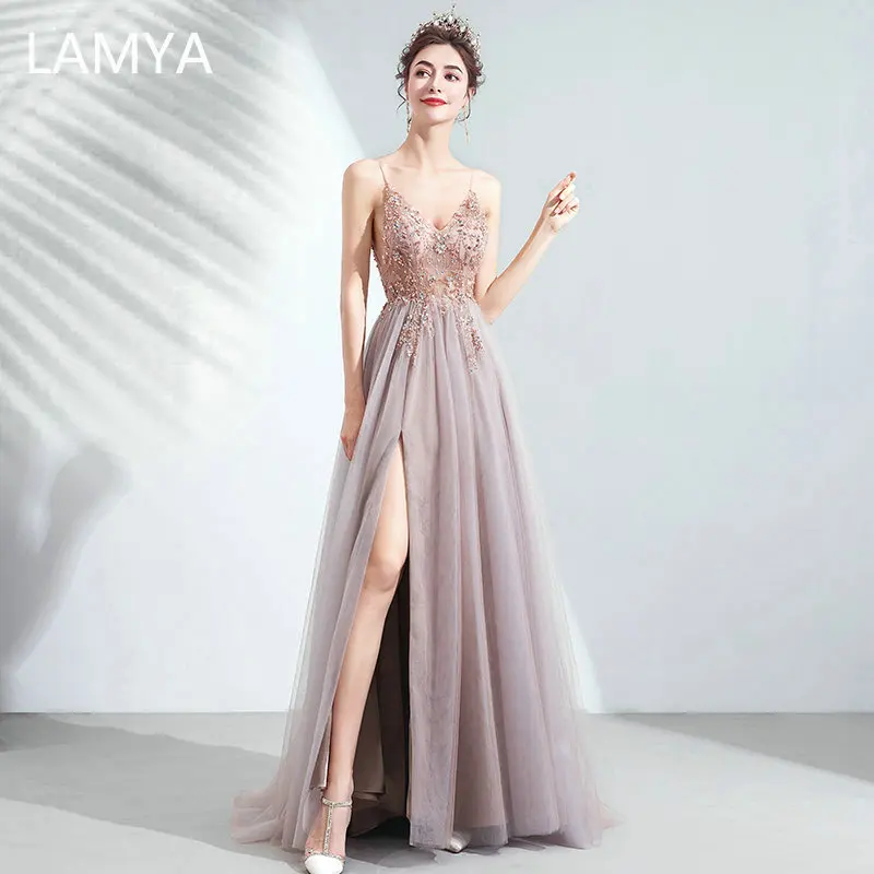 

LAMYA Prom Dresses 2023 Luxury Beading Evening Gowns Sexy Slit A Line Fromal Dress Spaghetti Strap Backless Robe De Soiree