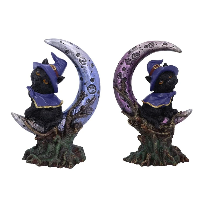 

2022 New Halloween Spooky Magical Black Cat with Witch Hat Statues Crescent Moon Resin Ornament Figurines Desktop Decoration