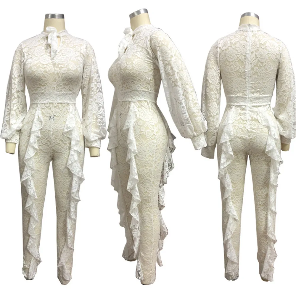 Женский кружевной комбинезон с длинным рукавом белый прозрачный Облегающий