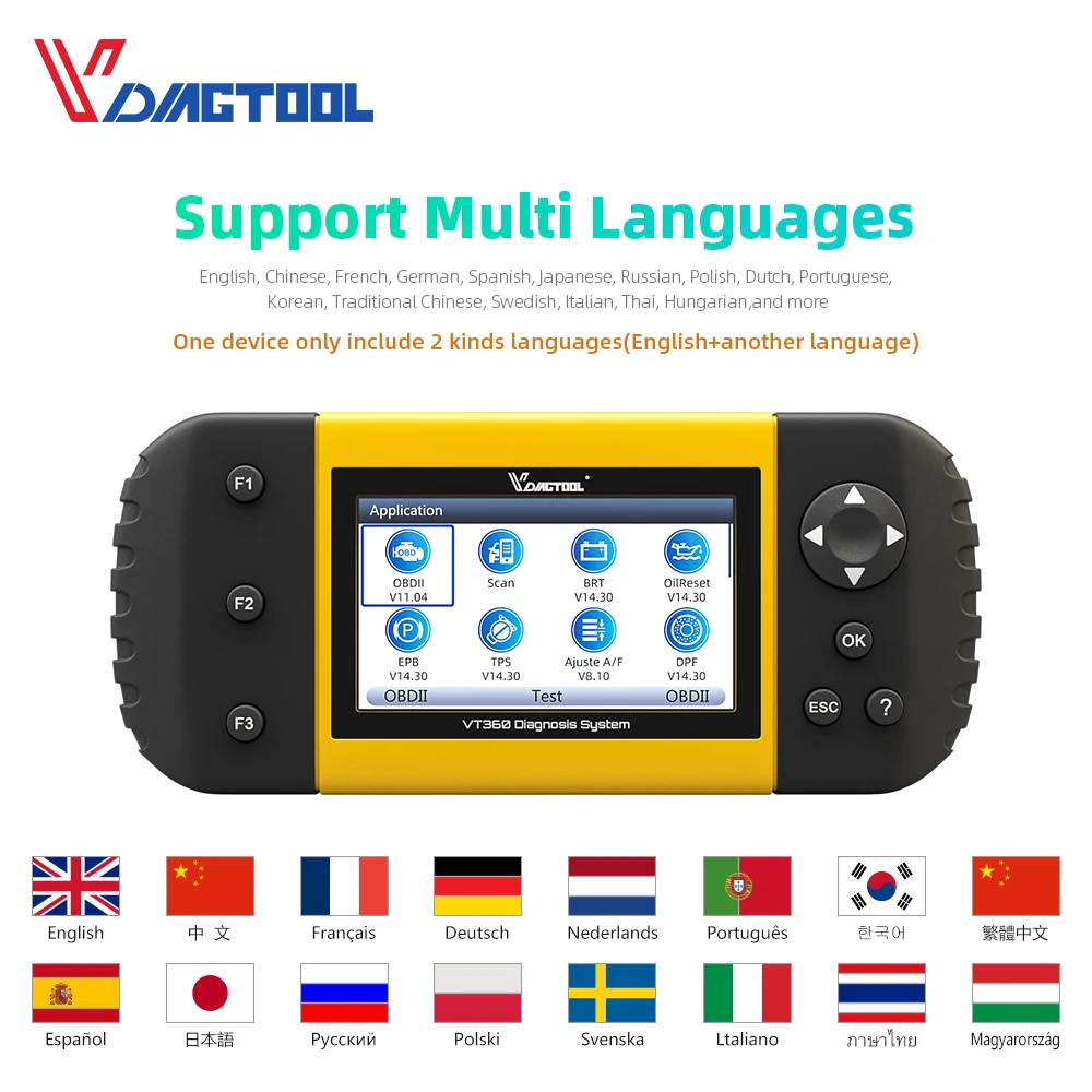 VDIAGTOOL VT600 VT300 VT360 ABS подушка безопасности SAS BRT EPB DPF TPA TPMS Immo инжектор сброса масла OBD2