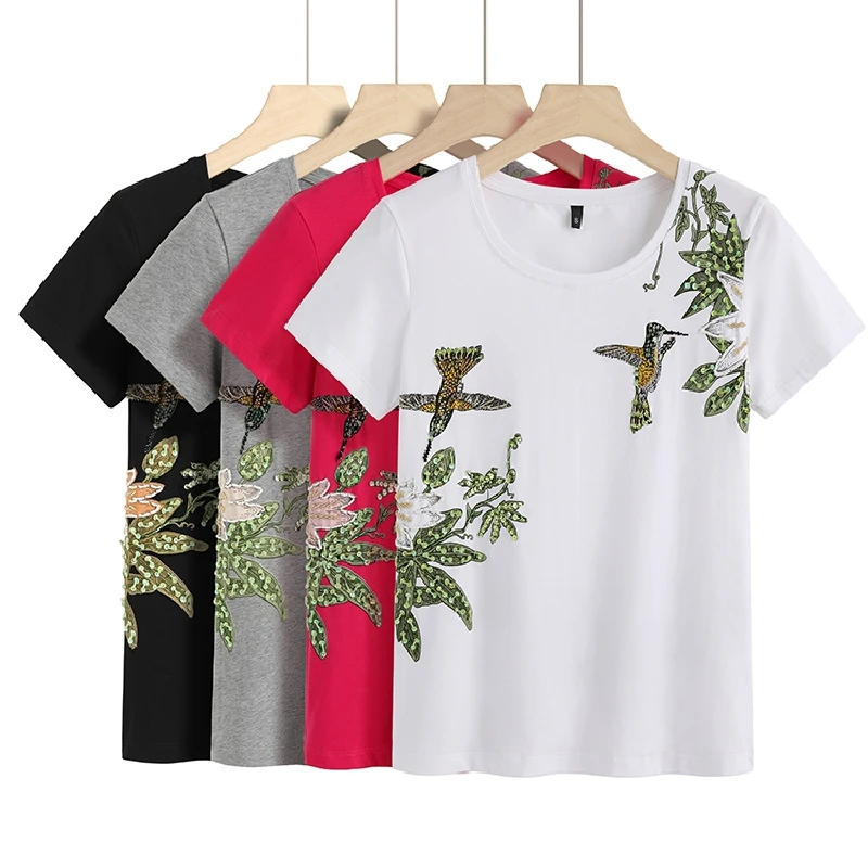 

100% Cotton Brand Fashion Women High Luxury Summer Beaded O Neck Short-Sleeved Bird Pattern T-Shirt Tees Top