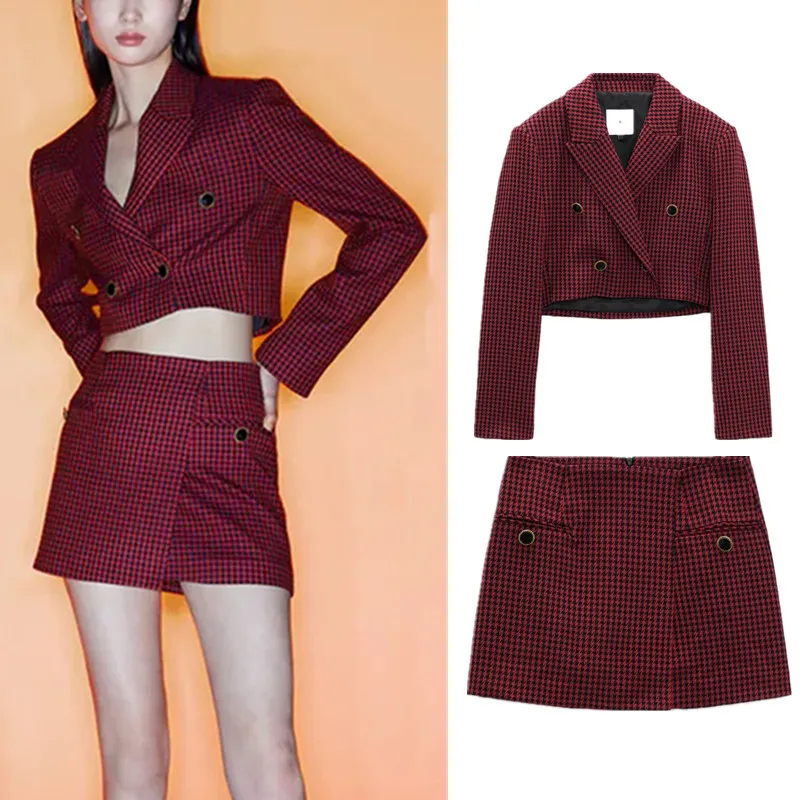 

Женская Повседневная мини-юбка с высокой талией, двубортная юбка с лацканами спереди и рисунком «гусиные лапки» на весну