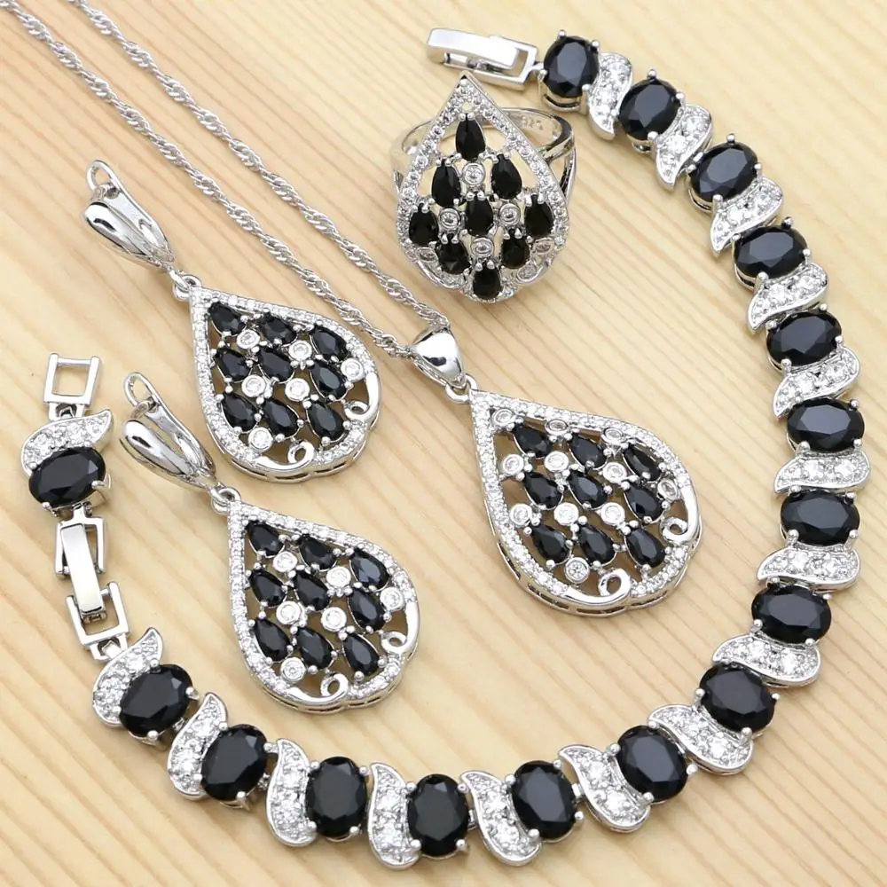 

Black Cubic Zirconia White Crystal 925 Silver Jewelry Sets for Women Punk Ring Bracelet Necklace Pendant Earrings Set